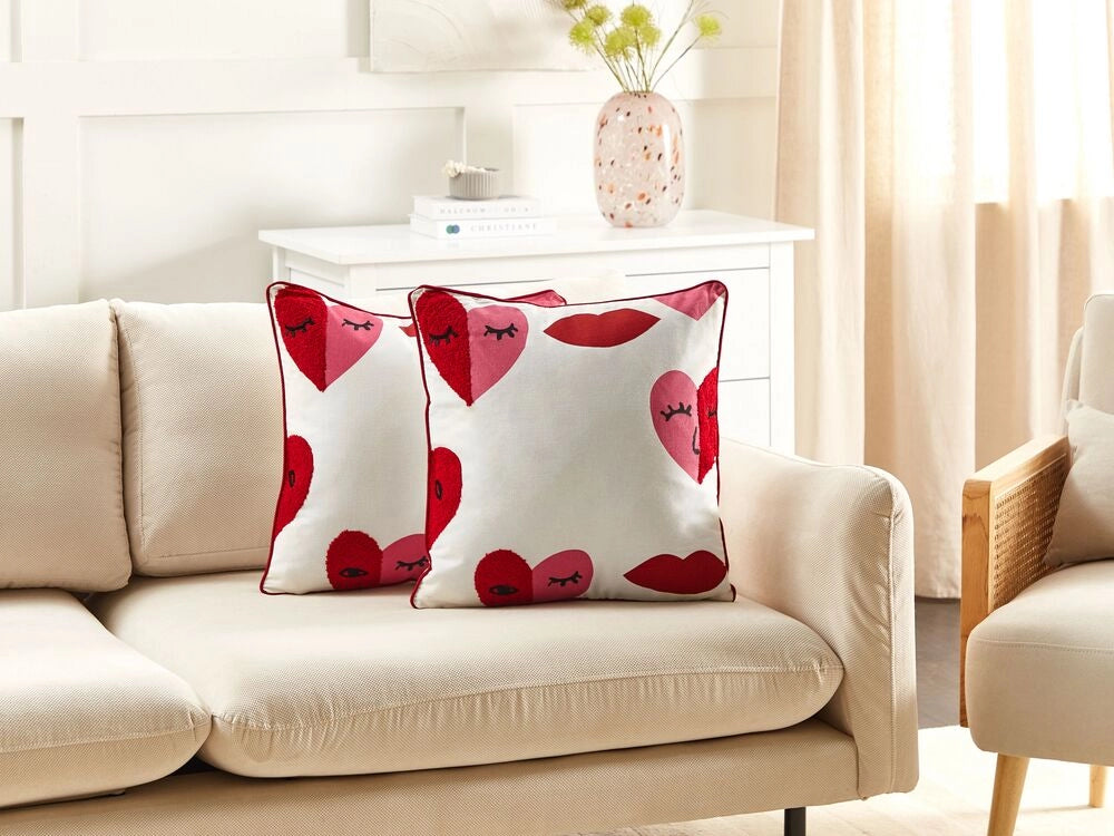 Set di 2 cuscini decorativi in cotone bianco e rosso 45 x 45 cm Modello astratto sfoderabile Quadrato Accessori decorativi moderni