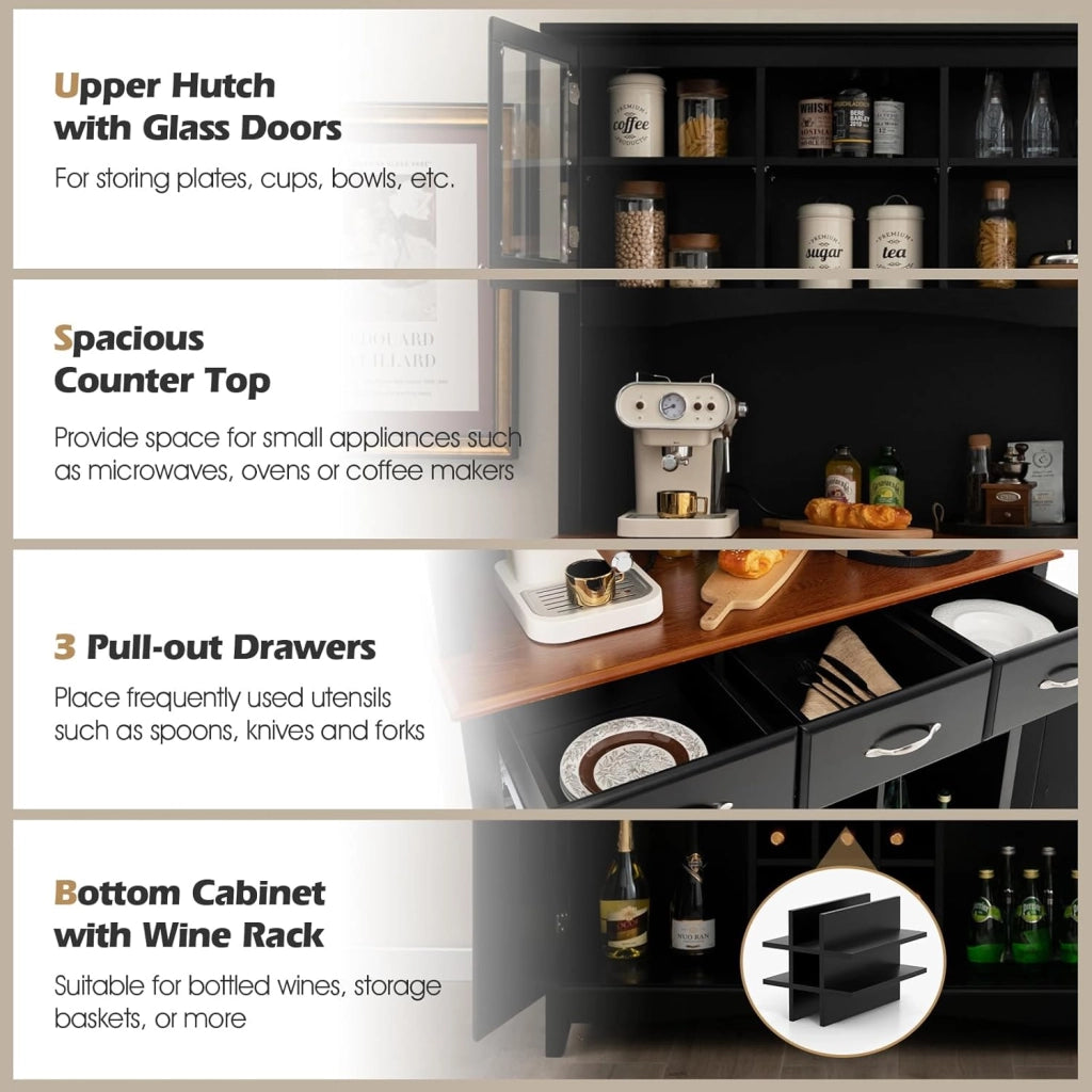 Credenza Alta da Cucina, Armadietto Dispensa con 3 Cassetti e 4 Armadi a Ante e Portabottiglie per 9 Bottiglie, Mobile Buffet per Soggiorno, Sala da Pranzo, 112 x 43 x 184,5 cm (Nero)
