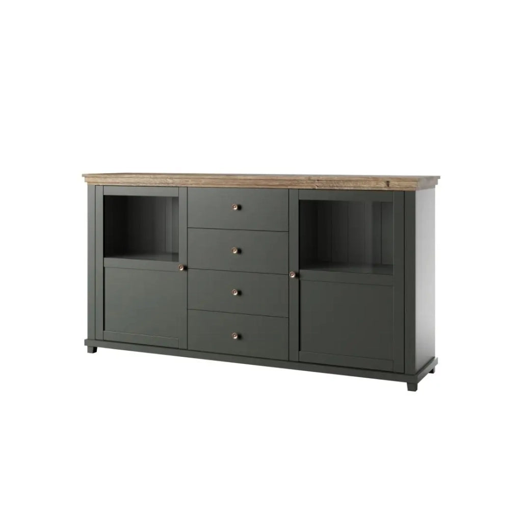 Credenza 180cm collezione ASSIA. Colori verde e rovere. 2 porte e 4 cassetti.