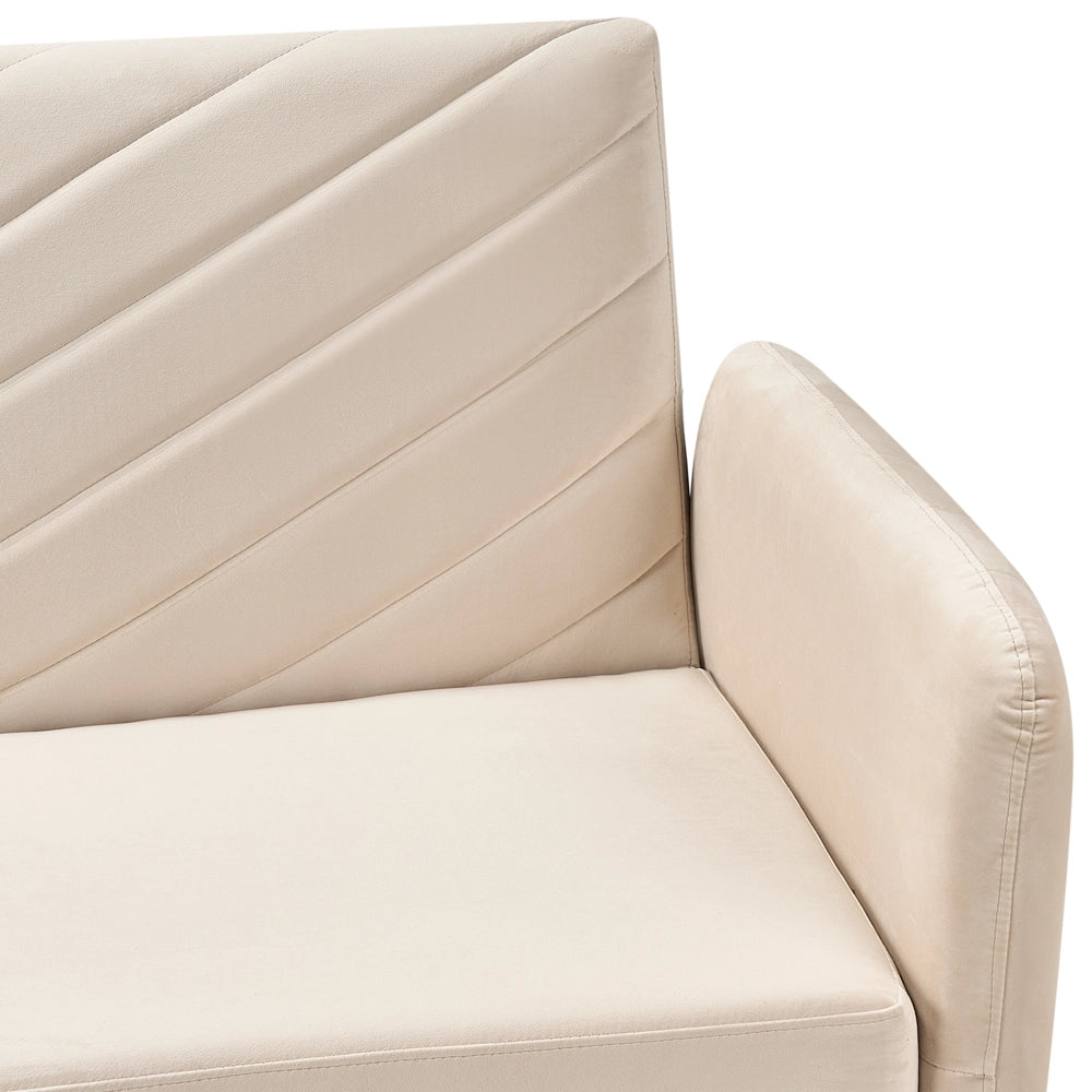 Divano Letto Tessuto Velluto Beige Soggiorno Retrò 3 Posti Gambe In Legno Bracci Pista