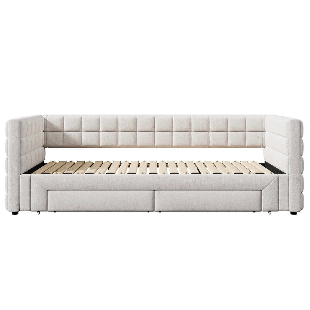 Letto da giorno estraibile 90 x 200 cm con 2 cassetti; velluto e MDF; beige