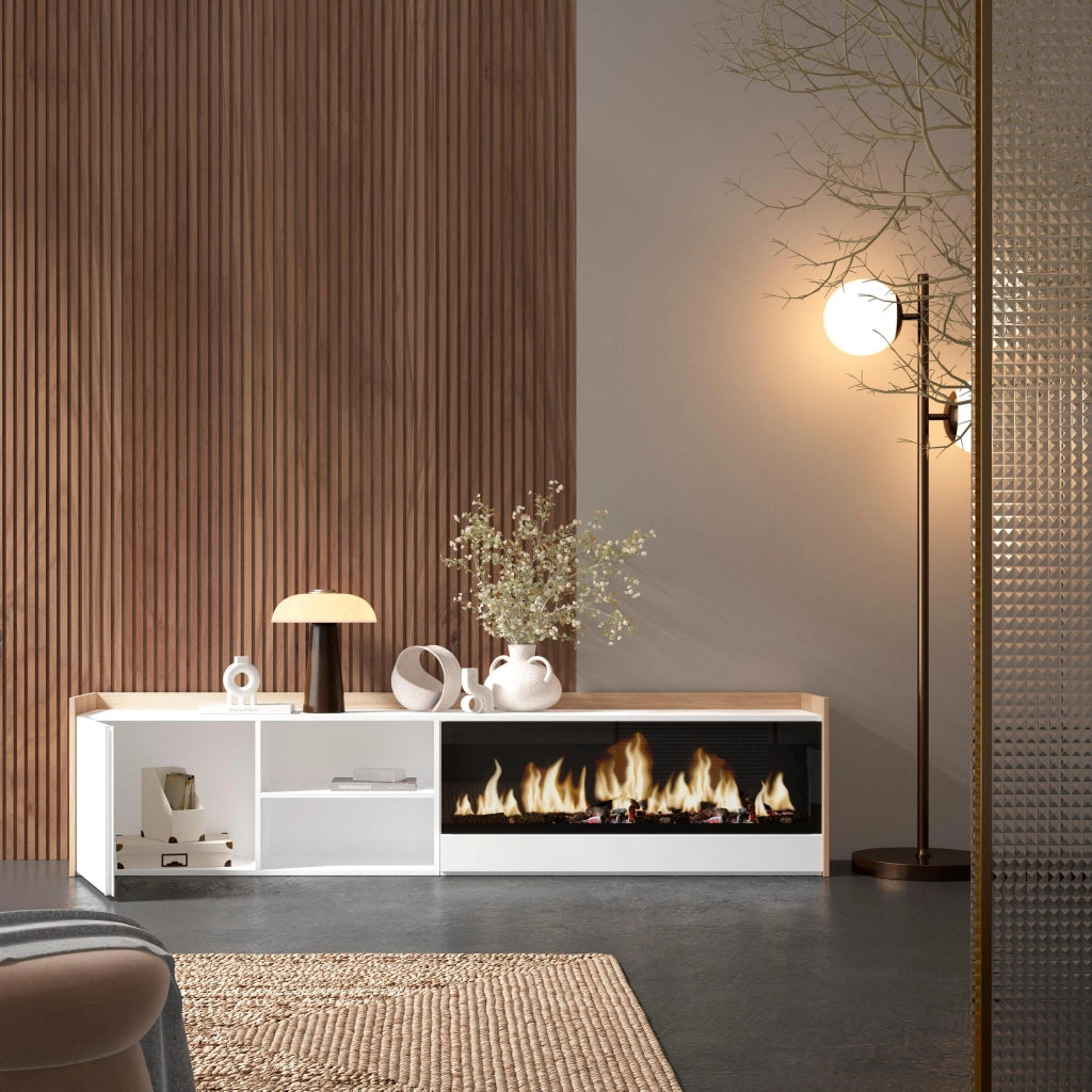 Mobile TV Soggiorno, 212x50x35 cm, Per TV fino a 80", Camino elettrico XXL, Bianco e Rovere soft