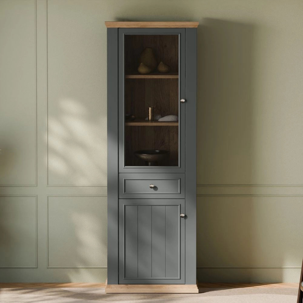 Vetrina Essenza 1 Anta Vetro e 1 Anta con Cassetto grigio scuro e Rovere 202 cm – Stile Classico