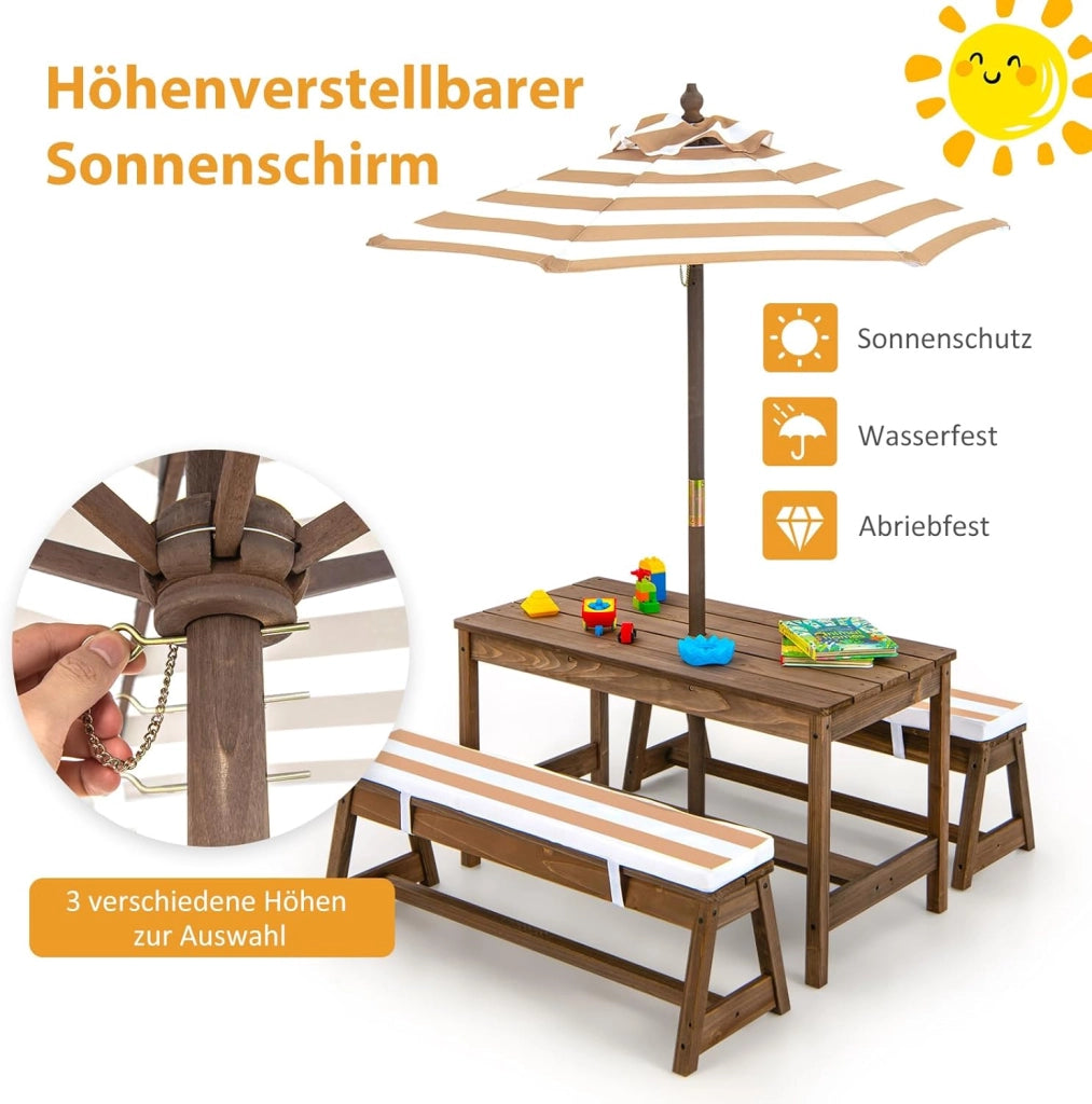 Set di Tavolo Picnic per Bambini con Ombrellone Regolabile, Panche per Bambini in Legno di Abete con Parasole e Cuscini Morbidi, Tavolo e Panchine Pranzo da Giardino e Parco (Marrone)