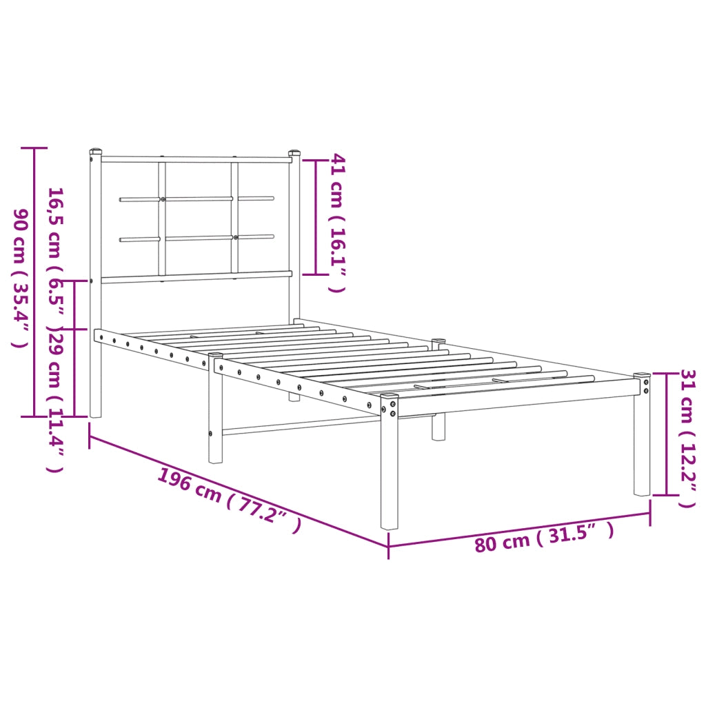 Letto singolo | Letto per adulti | Giroletto senza Materaso con Testiera Metallo Bianco 75x190 cm