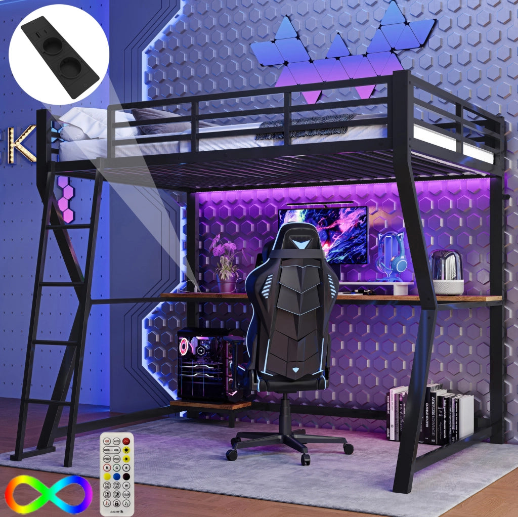 Letto a soppalco 90x200 cm in metallo e MDF con scrivania; luce ambiente e USB; nero