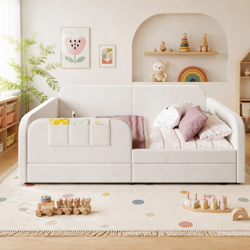 Letto singolo imbottito 90x200 cm con cassetti, bianco