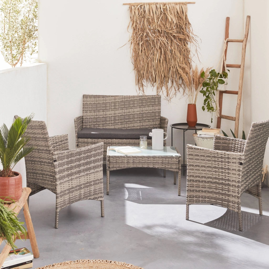 Salotto da giardino in resina intrecciata, 4 posti, scala di grigi