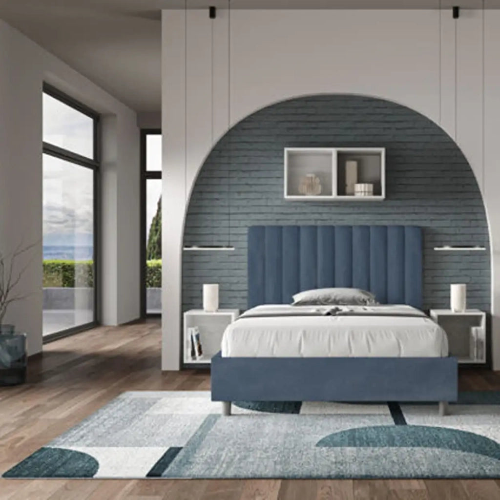 Letto una piazza e mezza con rete imbottito 120x210 microfibra blu Agueda