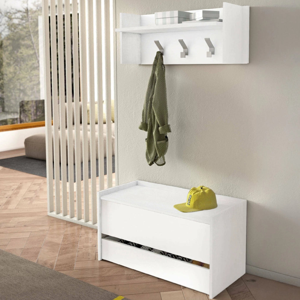 Mobile da ingresso Actinolite, Entratina moderna con appendiabiti, Mobile con scarpiera, Armadietto multifunzione, Cm 50x32h182, Bianco