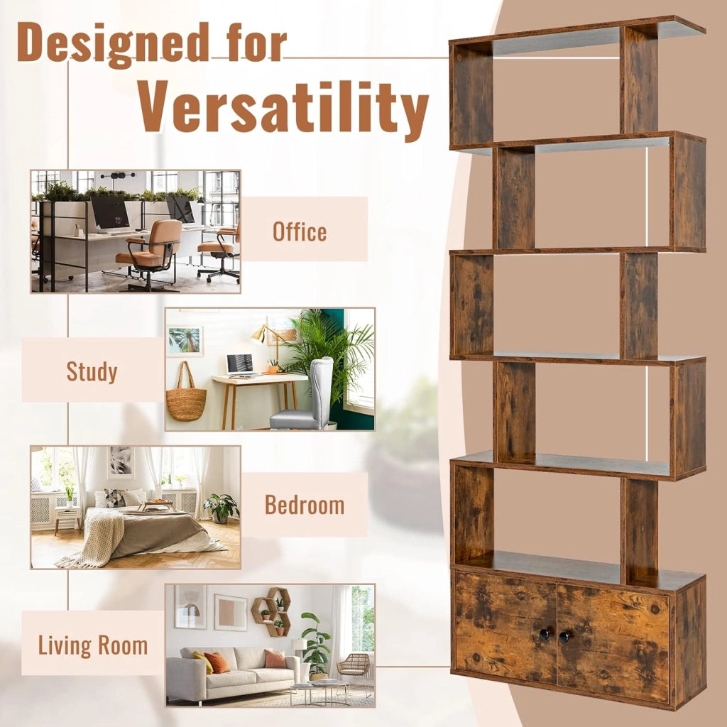 Scaffale a 6 Ripiani con cassetto, Libreria Autoportante, Scaffale da Terra, Design Moderno, 70 x 23 x 183 cm, Bianco/Marrone/Nero (Marrone)