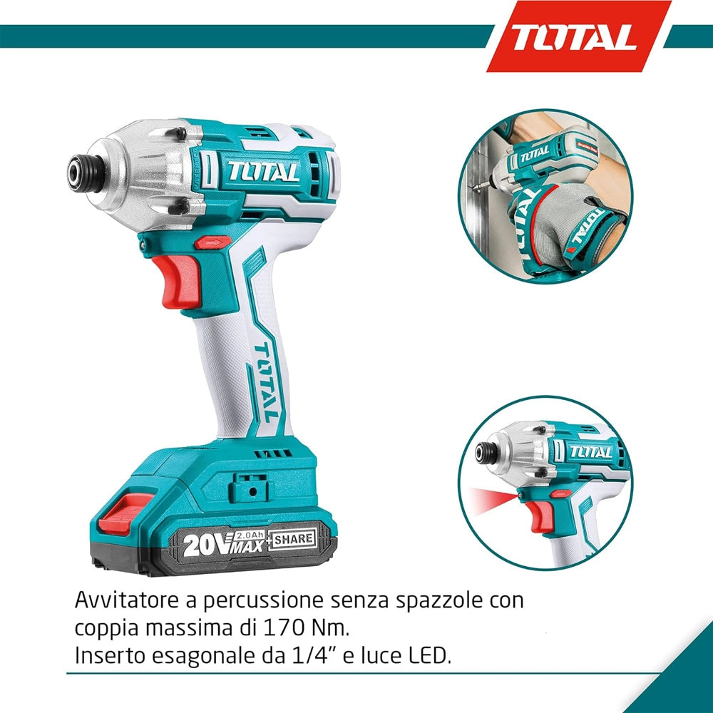 AVVITATORE+AVVITATORE A MASSA BATTENTE 1/4" 20V +2 BATTERIE 2Ah +ACCESSORI TOTAL TOTTCKLI2006