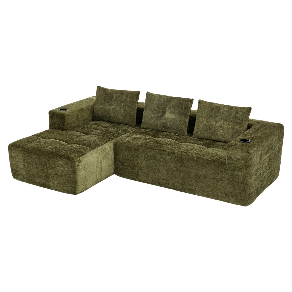 Divano angolare 4-5 posti con portabicchieri, Stile Moderno, in Chenille Verde
