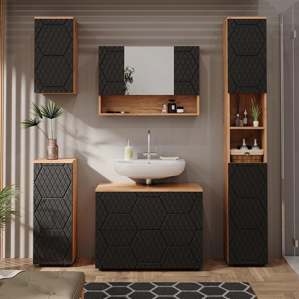 Mobiletto bagno Irma, Antracite con struttura a nido d'ape, 30 x 81 cm con 1 cassetto, 2 scomparti, per la conservazione in bagno, abbinabile alla serie Irma