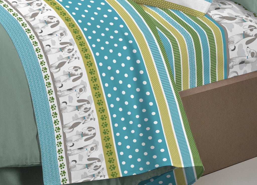 Completo Lenzuola Letto Pensieri Delicati 100% Cotone Dis. Bau Bau - Matrimoniale - Verde