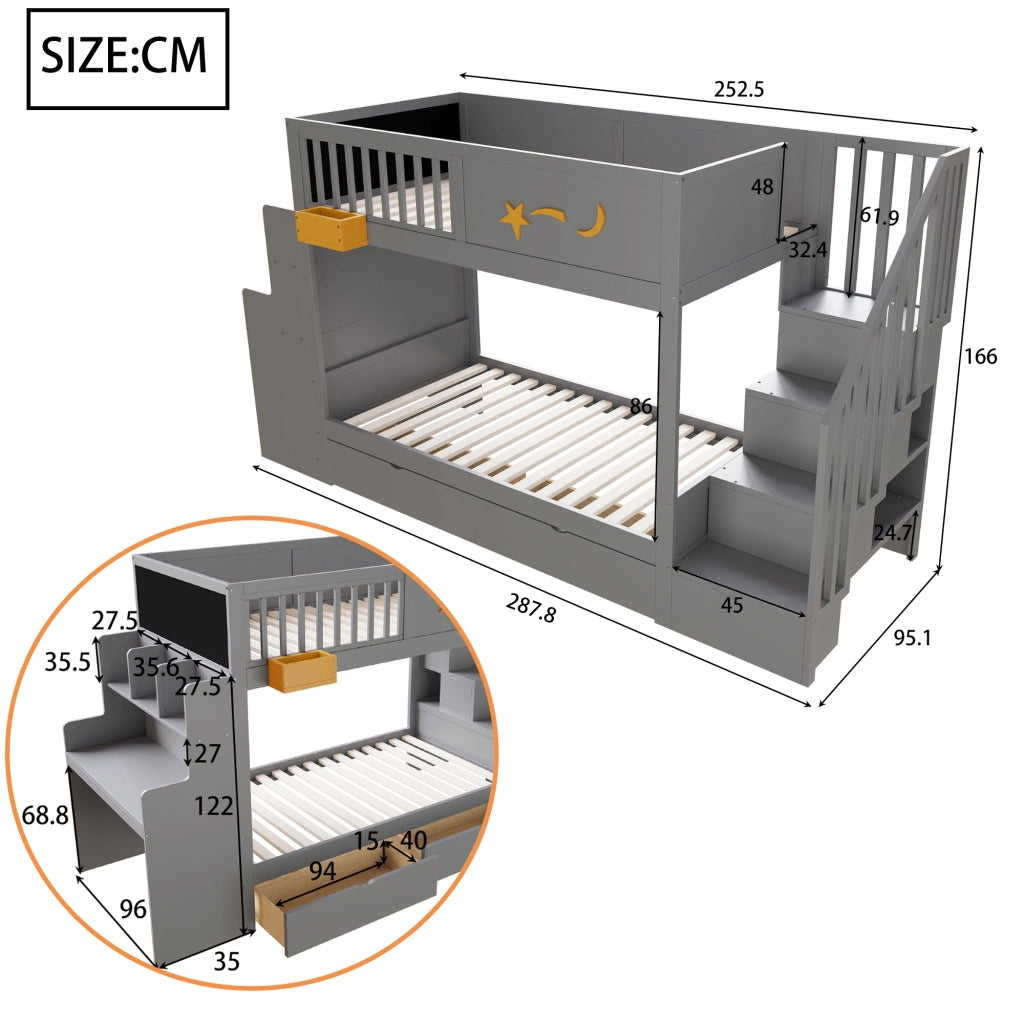 Letto a Castello 90×200 cm; Letto Singolo con 2 Cassetti; Scala di Sicurezza e Scrivania; senza Materasso; Grigio