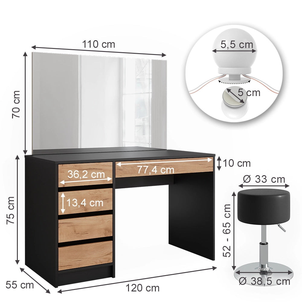 Vicco Tavolo da toilette Antracite/quercia dorata 120 x 75 cm con illuminazione a LED e sgabello