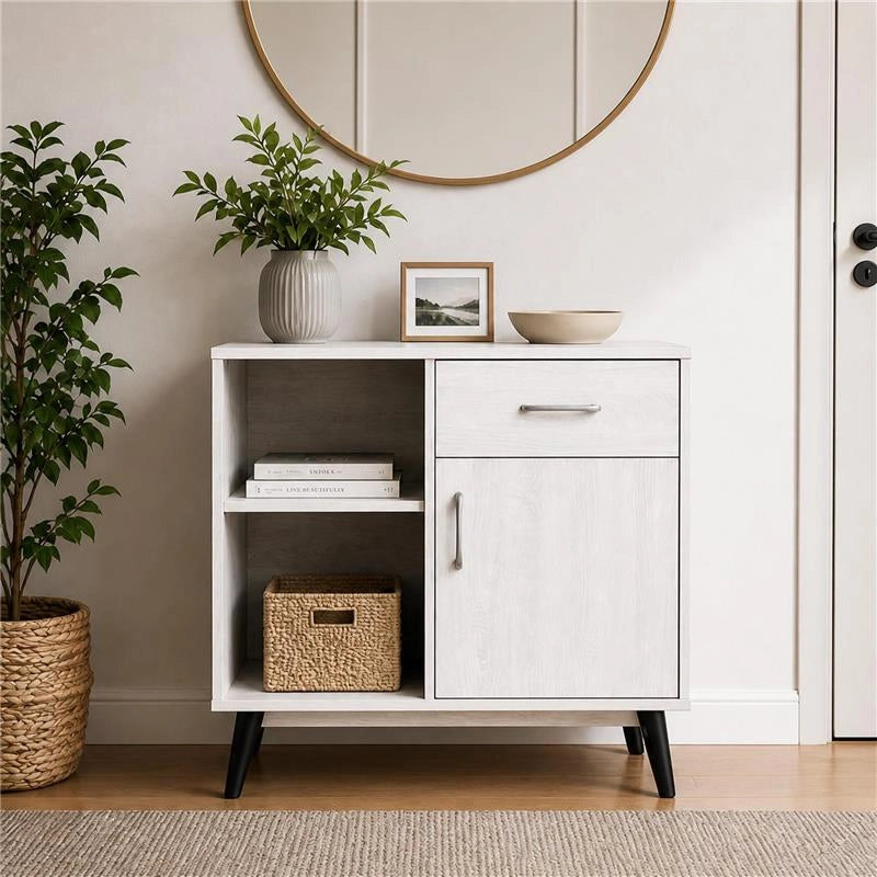 MOBILE MODERNO IN LEGNO CON 2 RIPIANI, 1 ANTA E CASSETTO COLORE BIANCO DIMENSIONI 94X38X74 CM