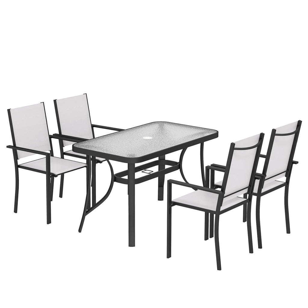 Set 5 Pezzi da Giardino con 4 Sedie Impilabili e Tavolo in Vetro Temperato con Foro per Ombrellone in Texteline Grigio