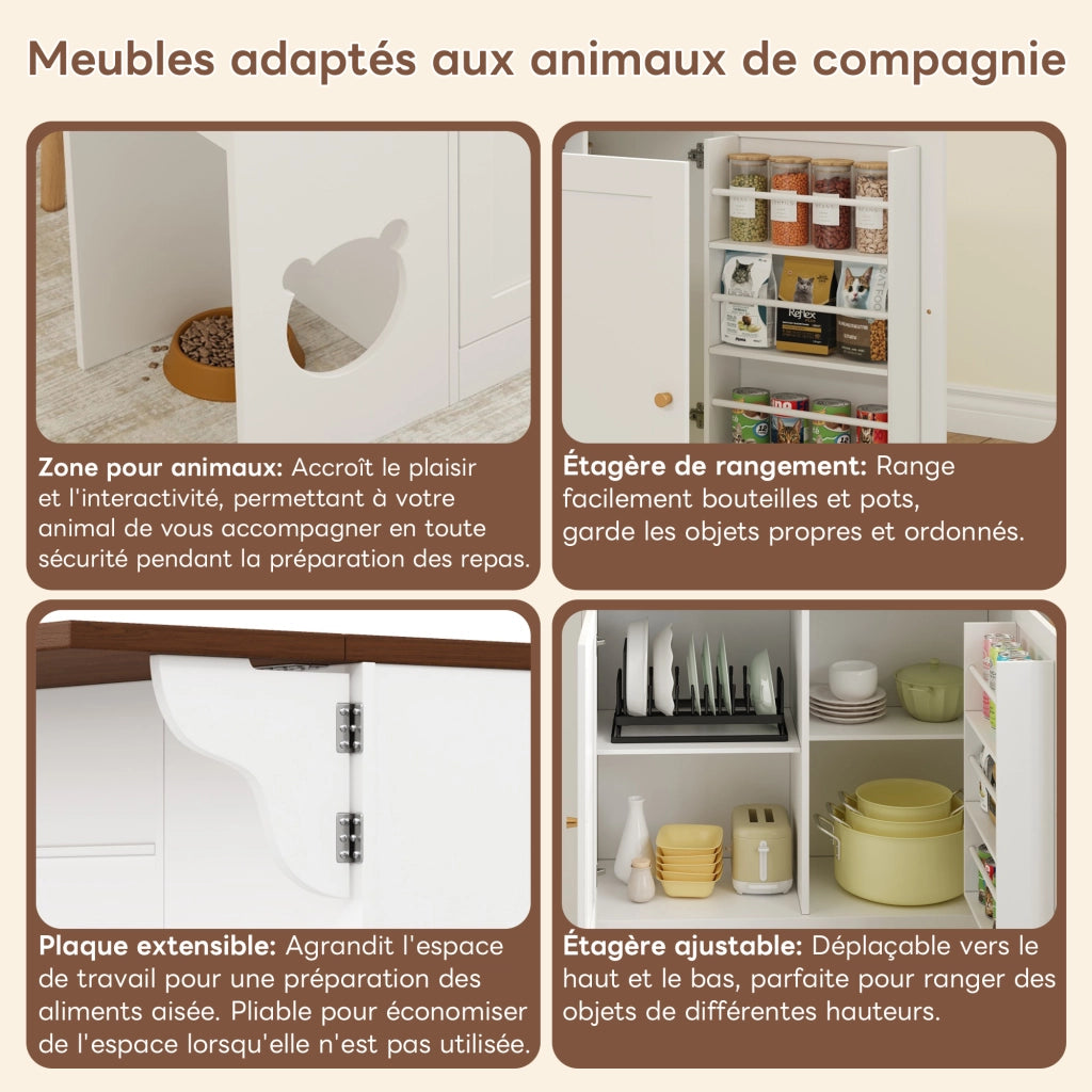Carrello da Cucina con 3 Cassetti e 2 Ante; Piano Estensibile; Portaspezie e Zona per Animale; MDF; Bianco Noce; 120x40x90 cm