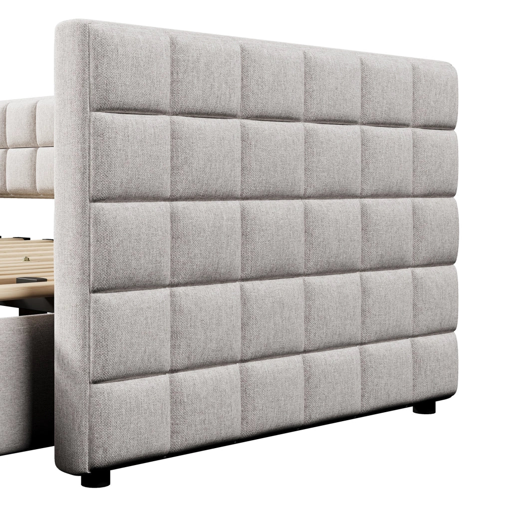 Divano letto estraibile 90x200 cm in velluto beige con 2 cassetti e schienale quadrato