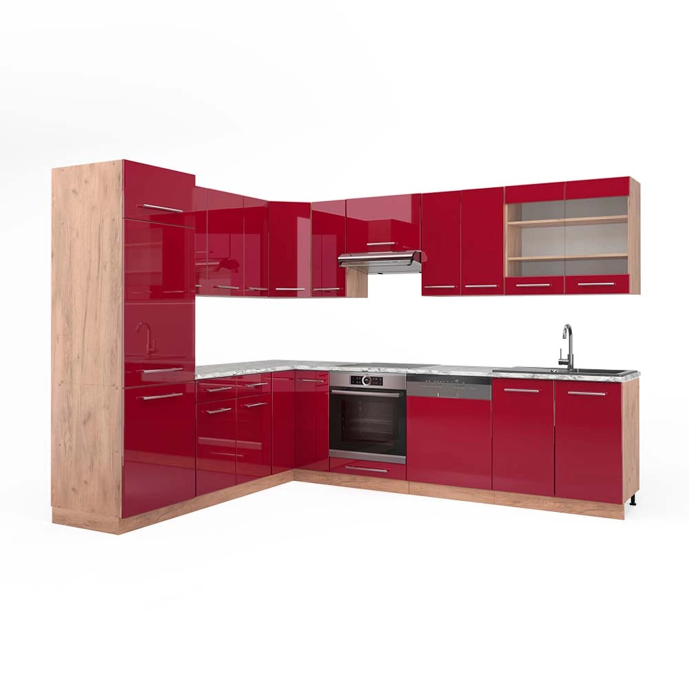 Cucina angolare completa Fame-Line Bordeaux lucido/Rovere dorato 227 x 60 cm, PL Marmo Vicco
