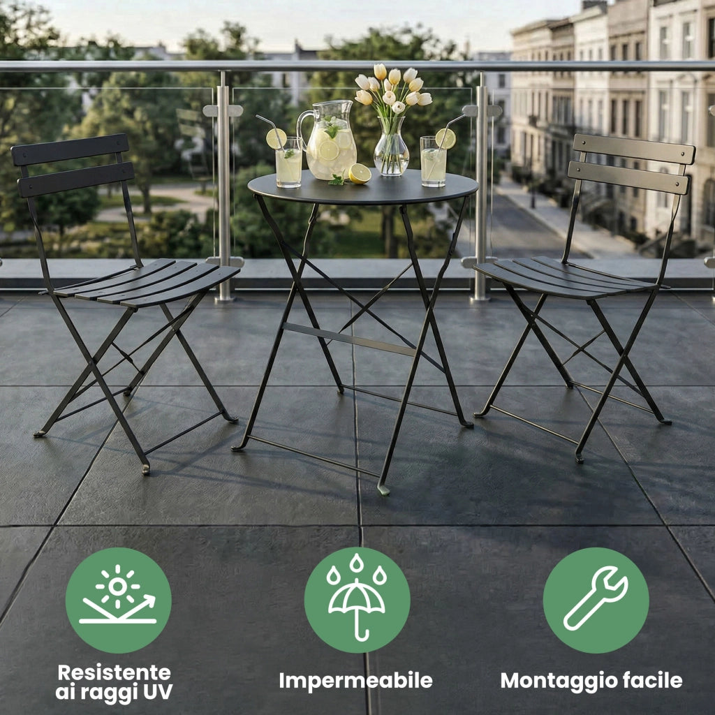 Set di mobili da balcone ORION Tavolo rotondo e 2 sedie in elegante nero