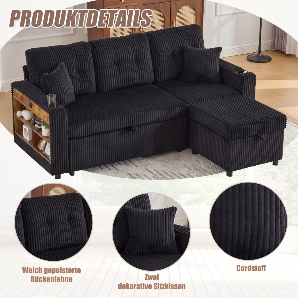 Divano letto modulare - con contenitore; USB e LED - in velluto a coste - nero