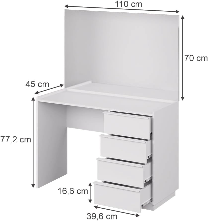 Tavolo da toeletta Viktoria, Bianco, 110 cm con specchio, porta un tocco moderno all’ambiente