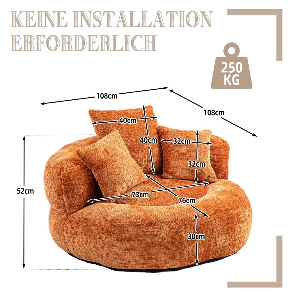 Poltrona relax 108x108x52 cm arancione, 3 cuscini, chenille, senza montaggio