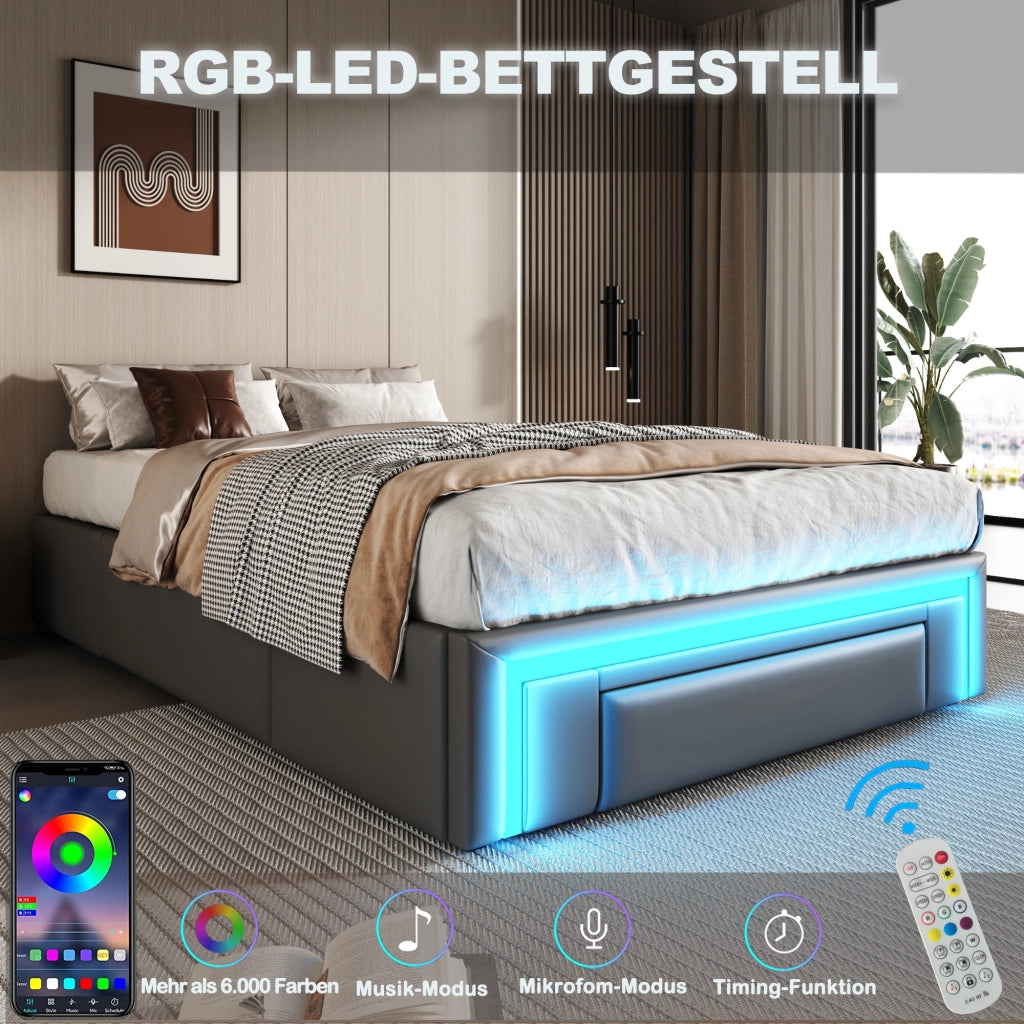 LETTO 90x200 cm in PU Grigio con cassetti e striscia LED, senza testiera