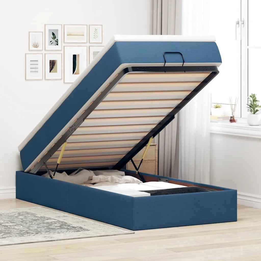 Struttura Letto Pouf con Materasso Blu 90x200 cm in Tessuto