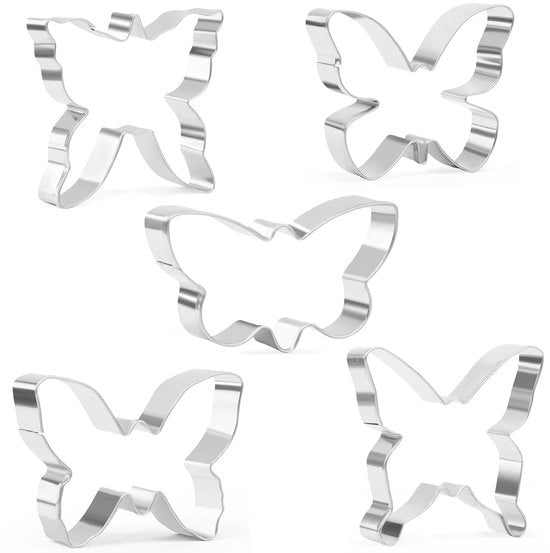 Set di 5 biscottini a forma di farfalla in acciaio inossidabile per la preparazione di biscotti di Pasqua.