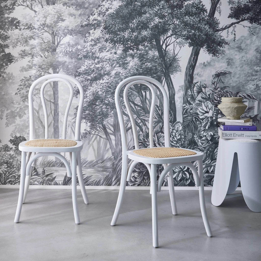Set 2 sedie vintage in legno e rattan, bianco