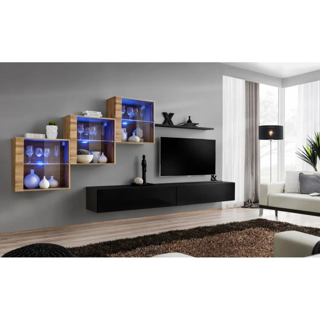 Set di mobili da salotto SWITCH XX design, colore nero lucido e quercia Wotan.
