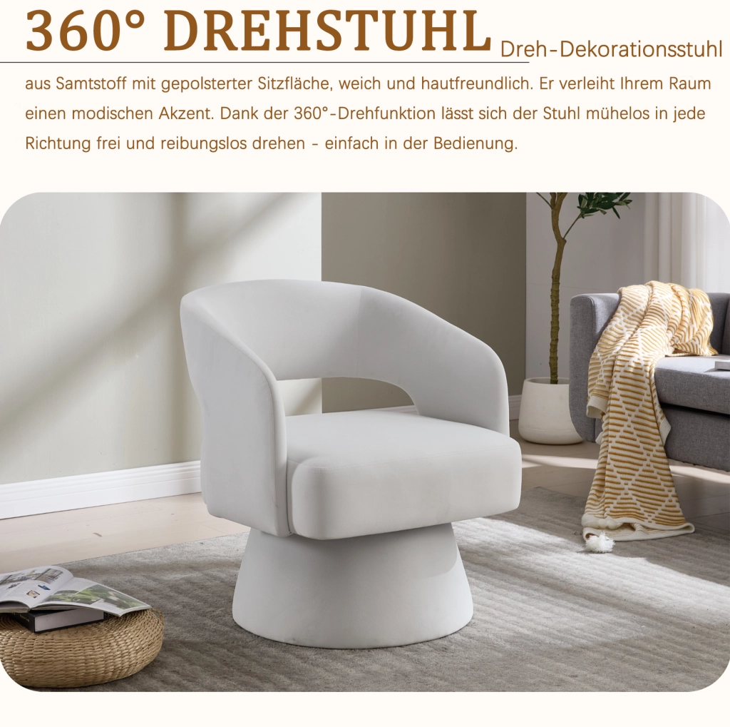 Poltrona girevole moderna in ciniglia beige con base rotonda