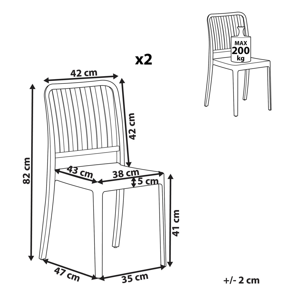 Set di 2 sedie da giardino in plastica bianca impilabili leggere per interni ed esterni resistenti agli agenti atmosferici