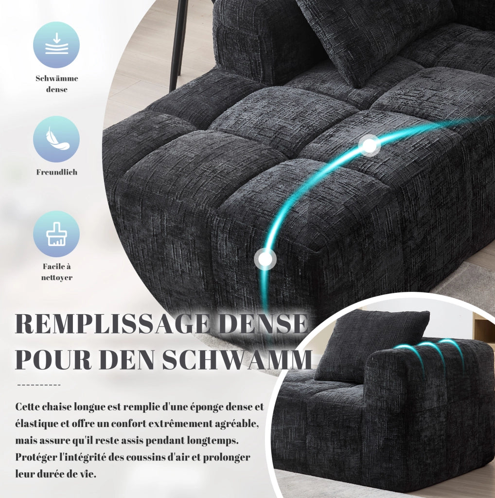 Divano Chaise Lounge Nero con Cuscino, Tasche Laterali e Rivestimento Morbido 158x90x60 cm