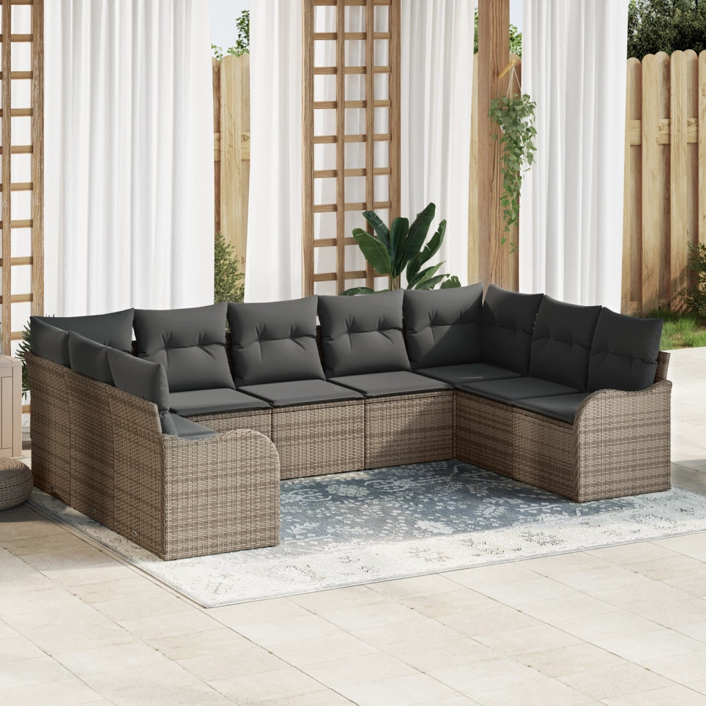Set divani da giardino 9 pezzi con cuscini grigio polyrattan