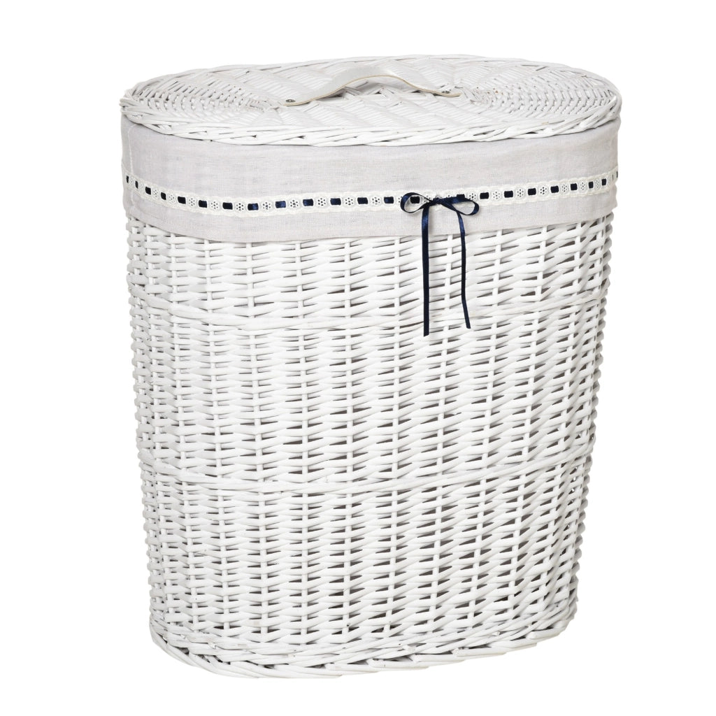 EasyComfort Cesto Portabiancheria in Vimini con Coperchio e Sacco Interno in Tessuto Lavabile, Bianco