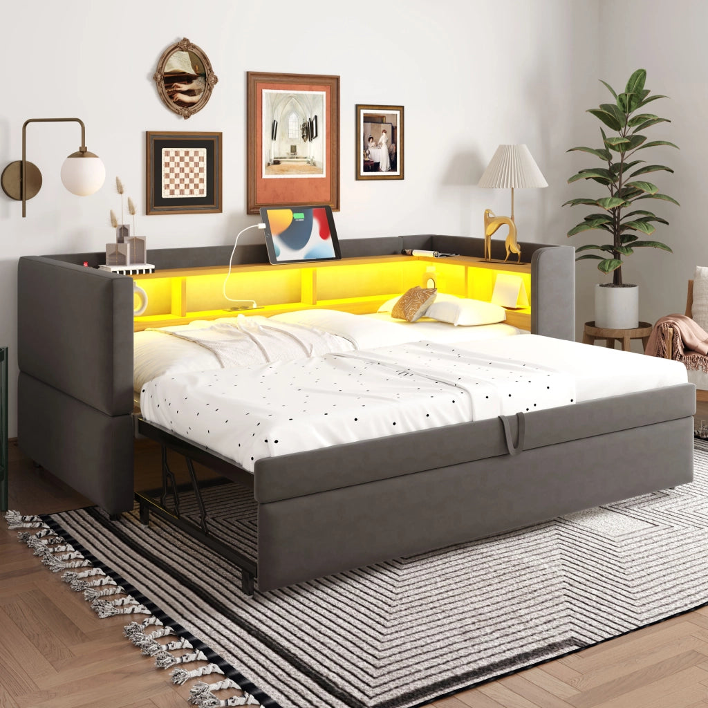 OKWISH Letto Divano 90×190 cm e 180×190 cm, Letto Singolo con LED Regolabile, Prese e Mensole, senza Materasso, in Flanella, Grigio Scuro