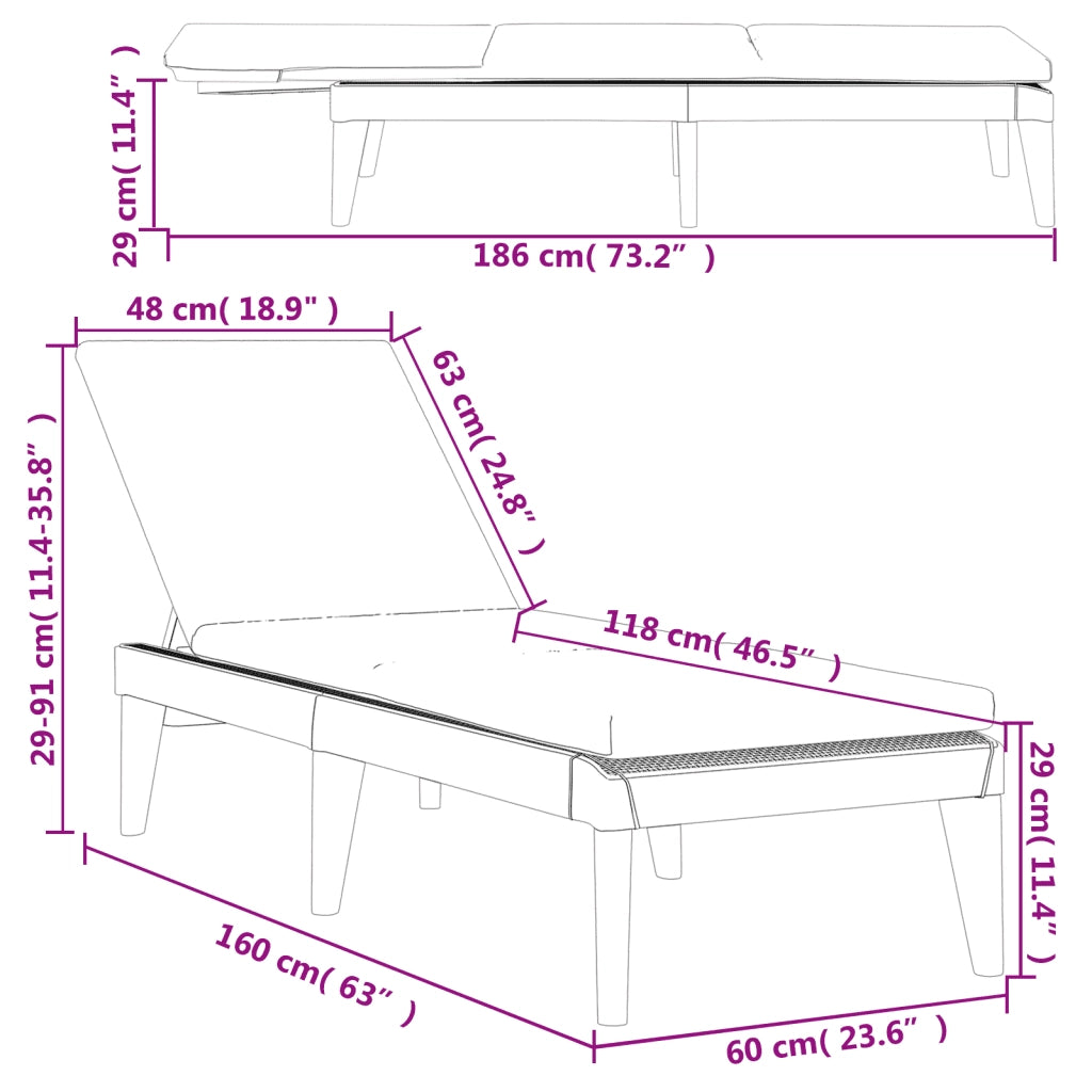 Lettino con Cuscino Antracite 186x60x29 cm in PP 364223