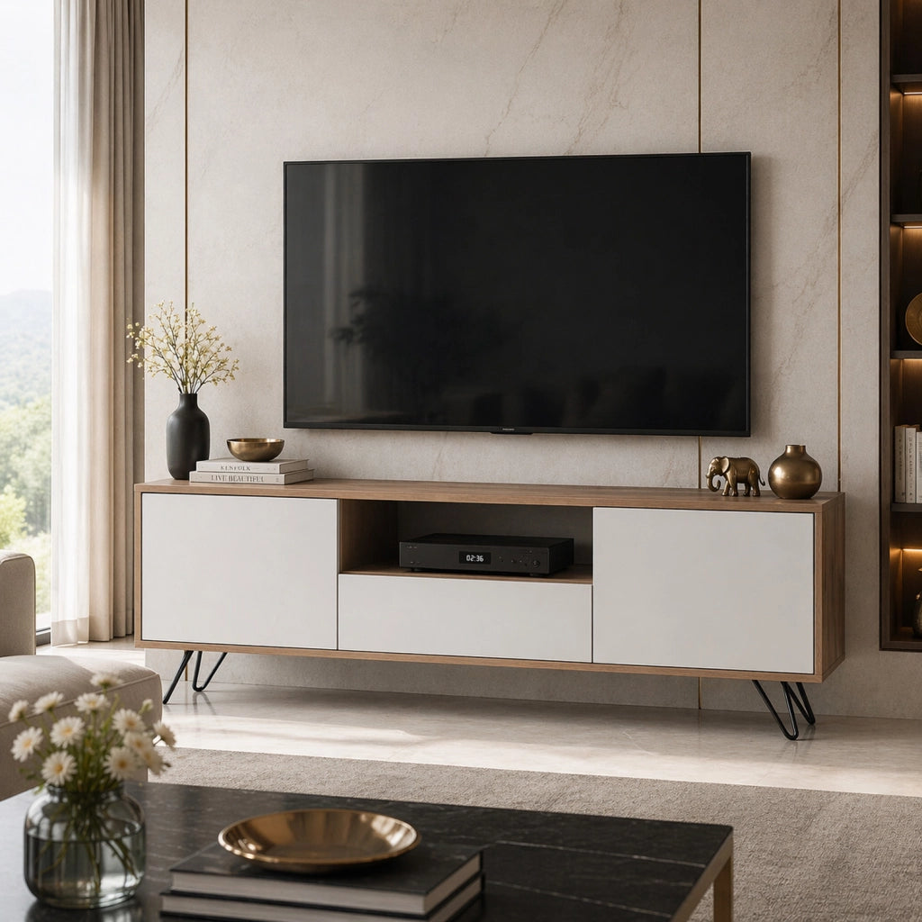 Mobile TV Con 2 Ante Battenti Anta A Ribalta E Vano A Giorno Mobile Porta TV Design Minimal Moderno Per Soggiorno Salotto Zona Living Sala Da Pranzo 137 X 52 X 33 Cm Rovere E Bianco