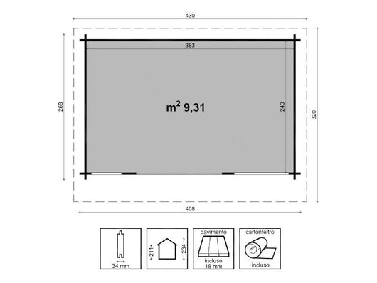 Box in legno Carla 408x268cm infissi doppio vetro pareti 34mm Losa