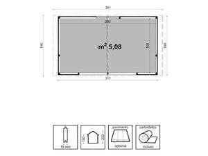 Chiosco Rio 310x184cm abete grezzo non trattato pareti 19mm porta singola Losa