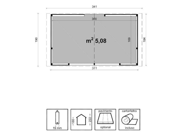 Chiosco Rio 310x184cm abete grezzo non trattato pareti 19mm porta singola Losa