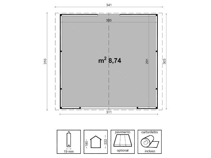 Chiosco Miami 310x300cm abete grezzo non trattato pareti 19mm porta singola Losa