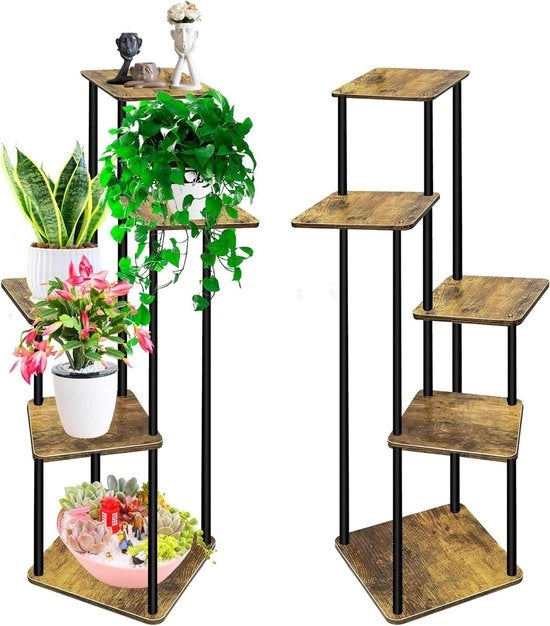 Stand per piante a 5 livelli in metallo e legno con angolo per giardino