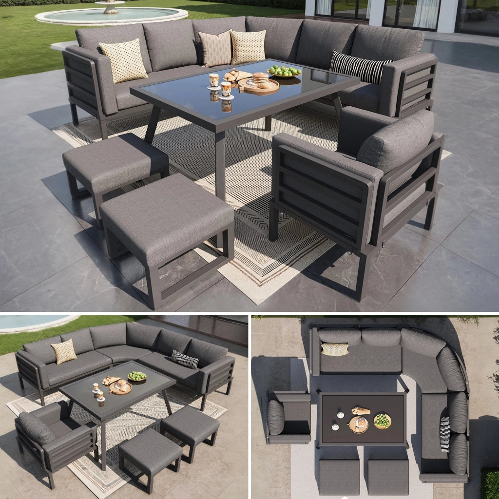 OKWISH Set da 7 Mobili da Giardino con 3 Divani, 1 Poltrona, 2 Sgabelli e 1 Tavolino, Ferro Grigio