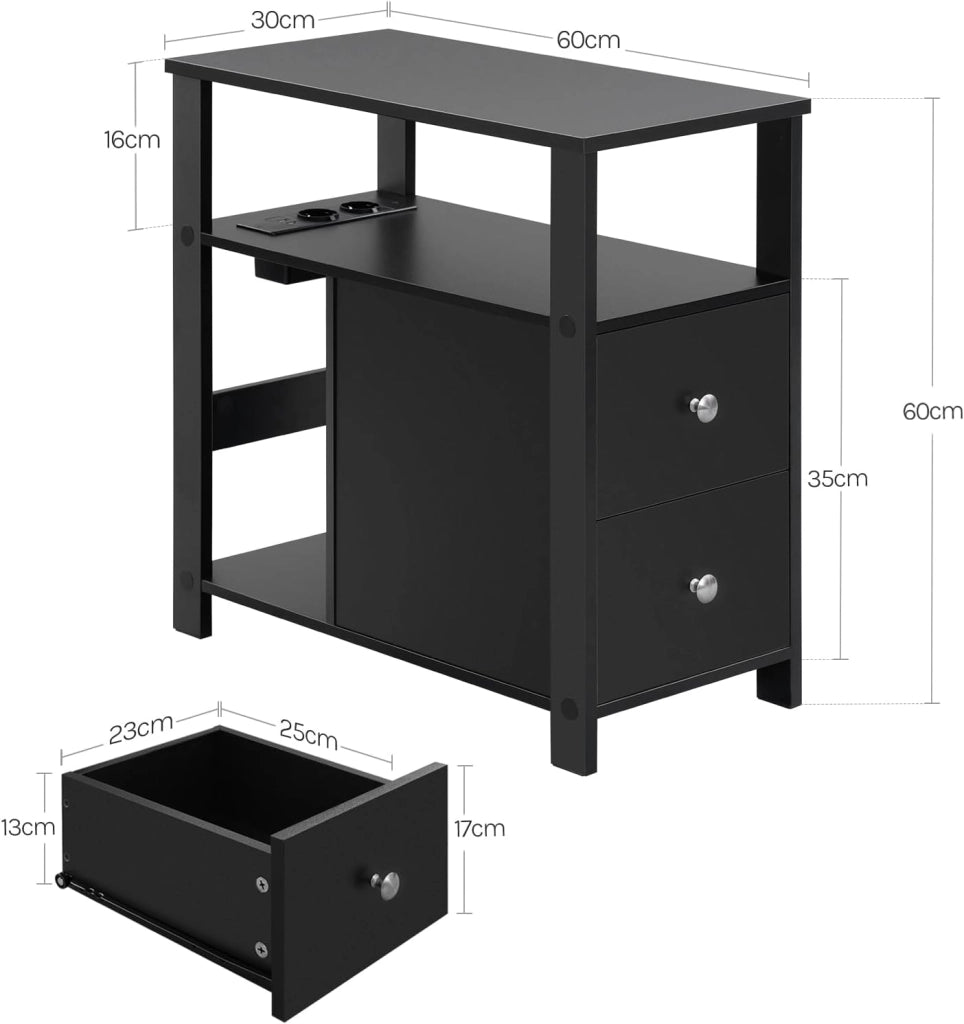 Tavolino Stretto con Stazione di Ricarica per Divano, Comodino con 2 Cassetti 2 Ripiani 1 Scomparto, per Soggiorno, Camera da Letto, 60x60x30 cm, Nero